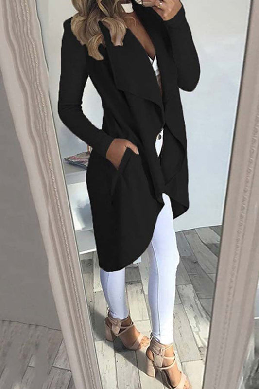 WW | Solid Lapel Slim Long Windbreaker Jacket