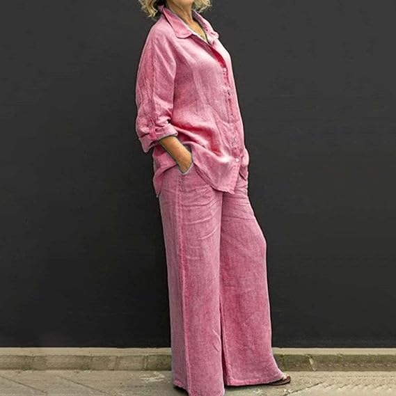 SummerSilhouette Duo™ – Women's Linen Two-Piece Set with Blouse & Pants, Airy, Elegant & Comfortable for Summer