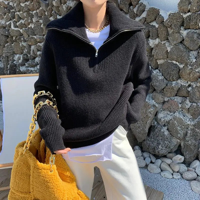 WW | Cozy thick knit sweater with zip-up collar for casual warmth