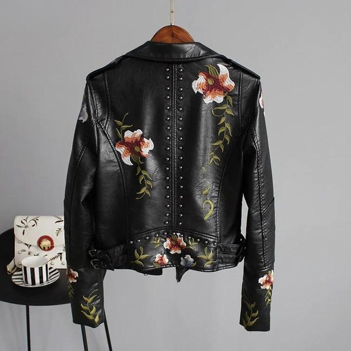 WW | Lederjacke mit Blumenstickerei