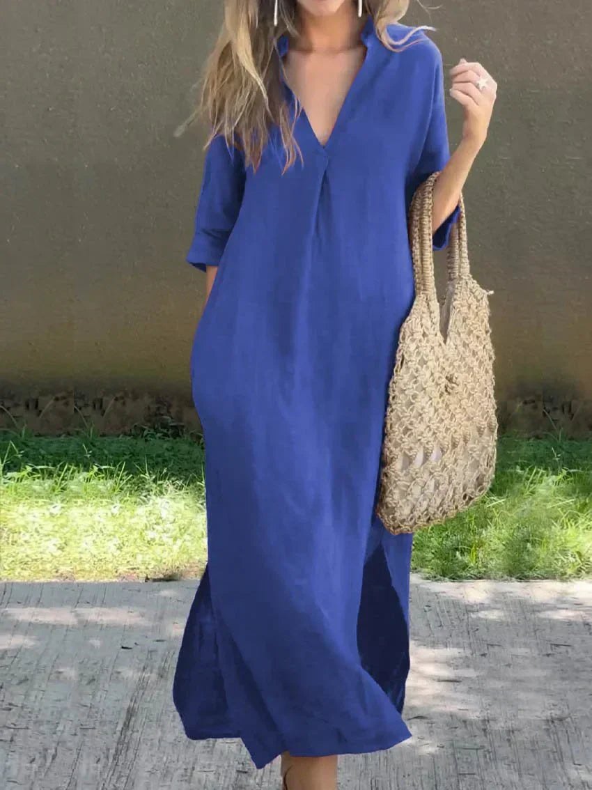 WW | Schlichte Leinenkleid mit V-Ausschnitt und Tasche