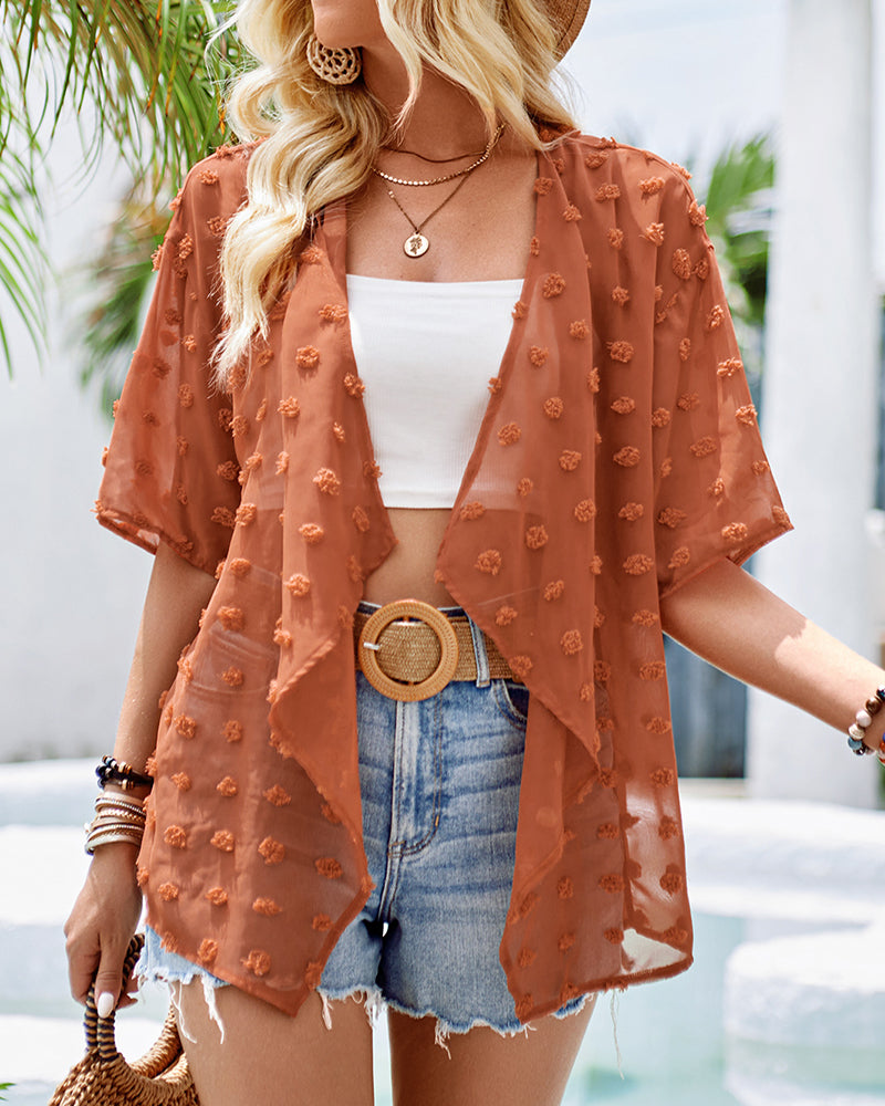 WW | Unifarben dünne Jacquard-Cardigan mit kurzen Ärmeln