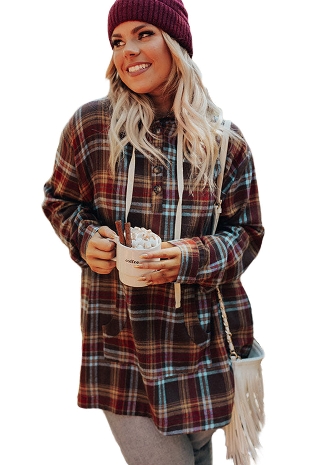 WW | Fiery Red Plus-Size Plaid Kangaroo Pocket Drawstring Hoodie