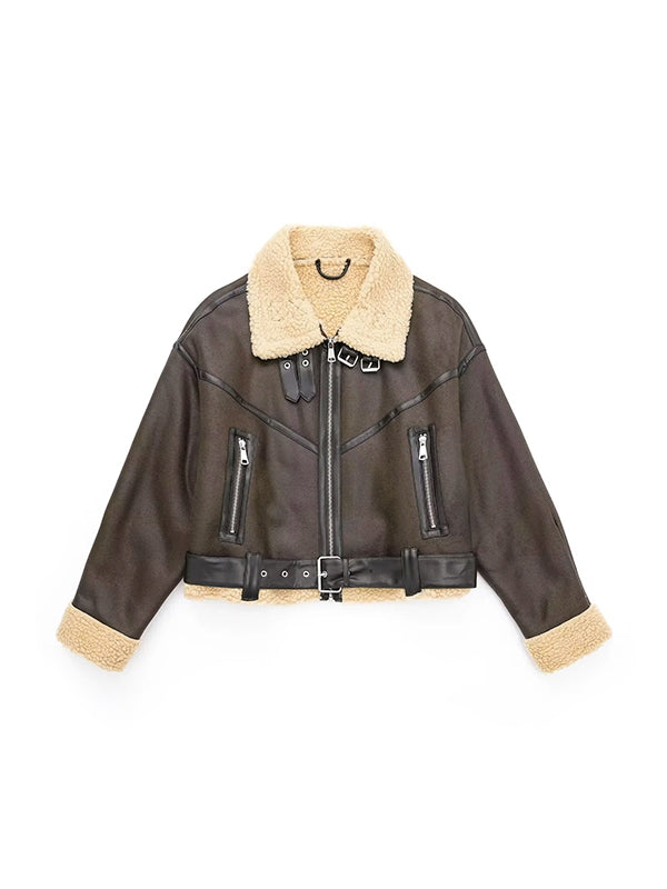 WW | Brown Lambswool Lined Leather Splice Short Jacket