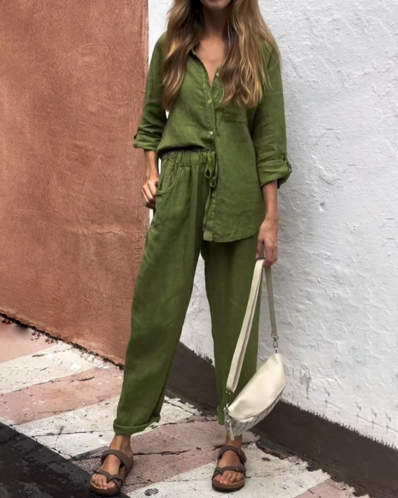 V-neck shirt and cotton trousers