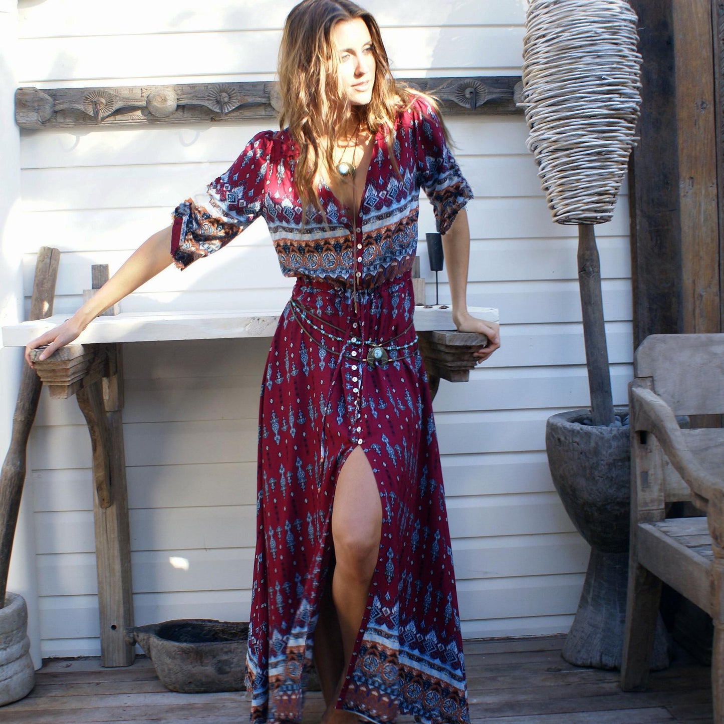 Women's viscose jumpsuit with colorful ethnic design and flutter sleeves WW