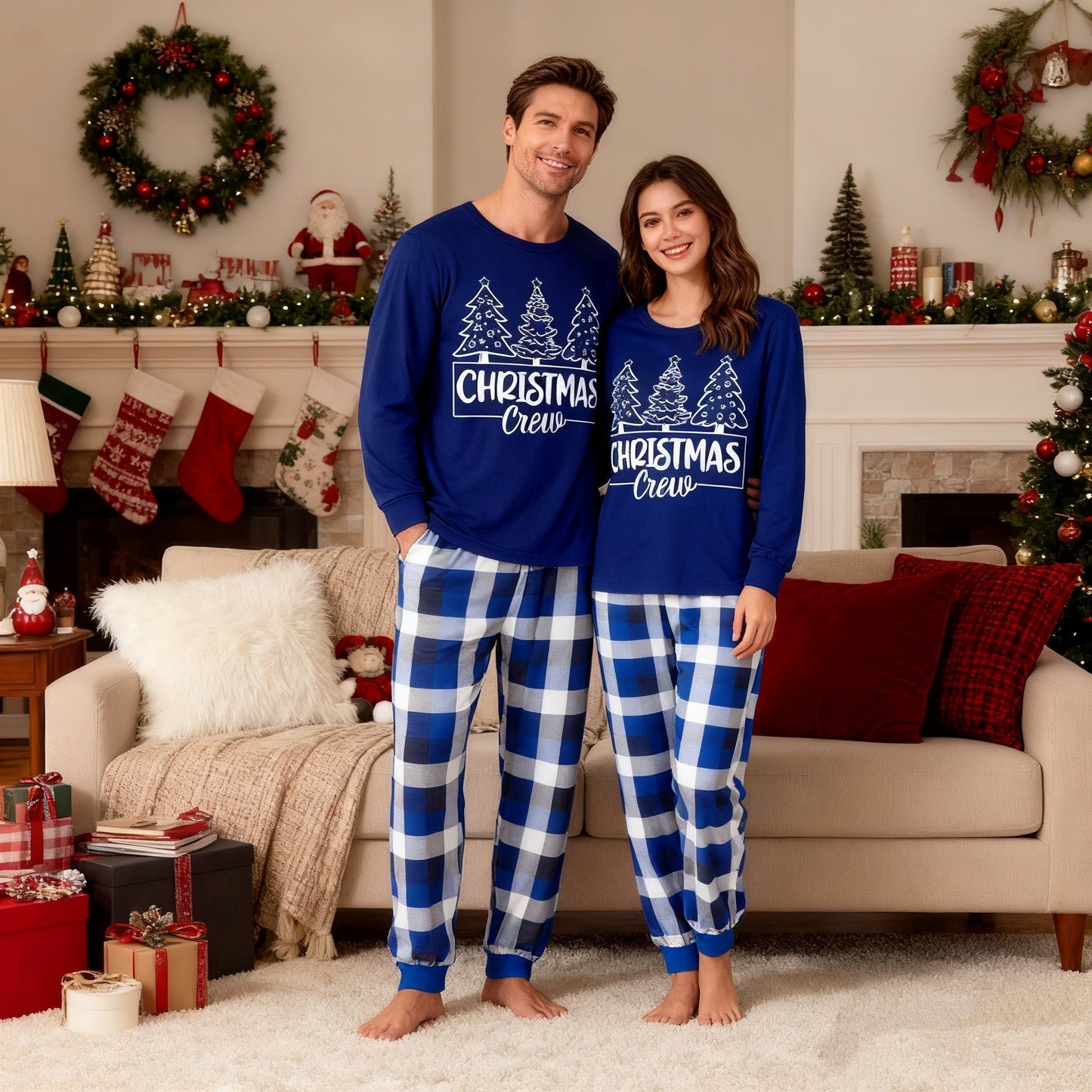 WW | "Christmas Crew" und Bäume Blau Lange Ärmel mit Blau Karierte Paar passende Pyjamas