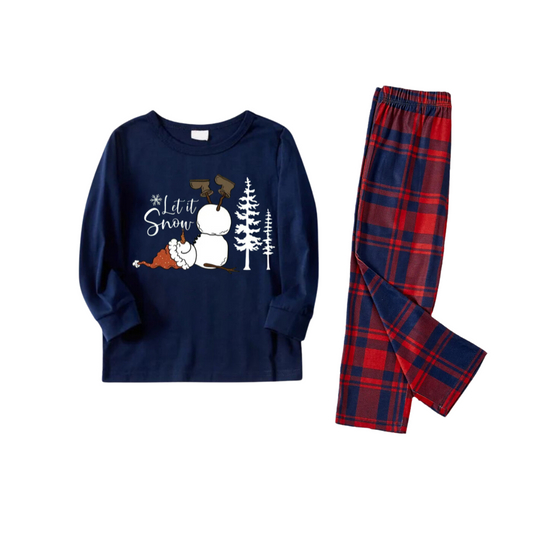 WW | "Let It Snow" Slogan and Snowman Print Red and Blue Plaid Christmas Matching Pyjamas