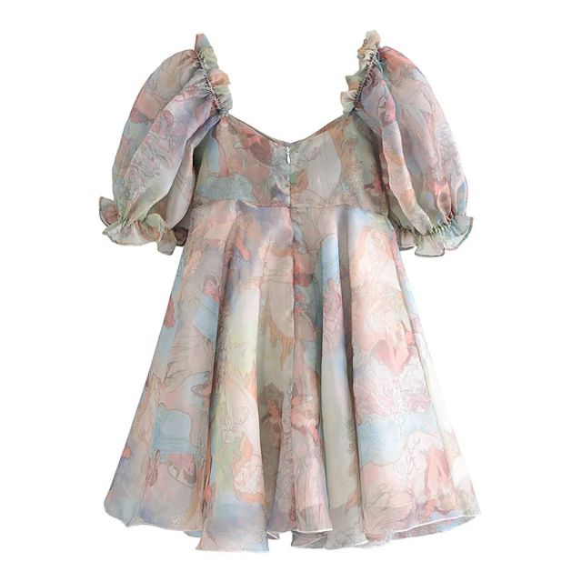 WW | Organza-Kleid mit Blumenmuster und Puffärmeln sowie Herzausschnitt