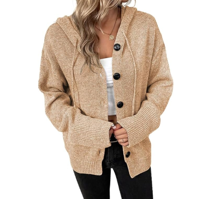 WW | Damen Cardigan Weicher Strick Oversized-Passform Knopfverschluss Kapuze Gerippter Saum