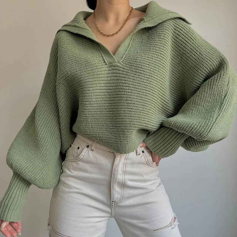 WW | Cozy knitted sweater with lantern sleeves and open collar