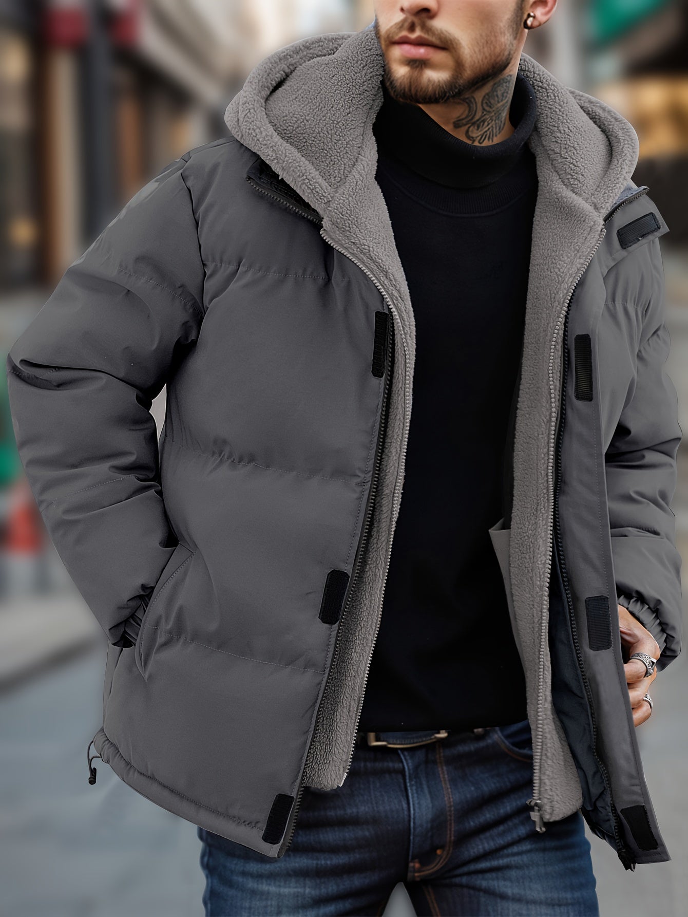 WW | Thick Hooded Non-Stretch Zipper Faux Two-Piece Winter Jacket for Men - Perfect for Outdoor Activities