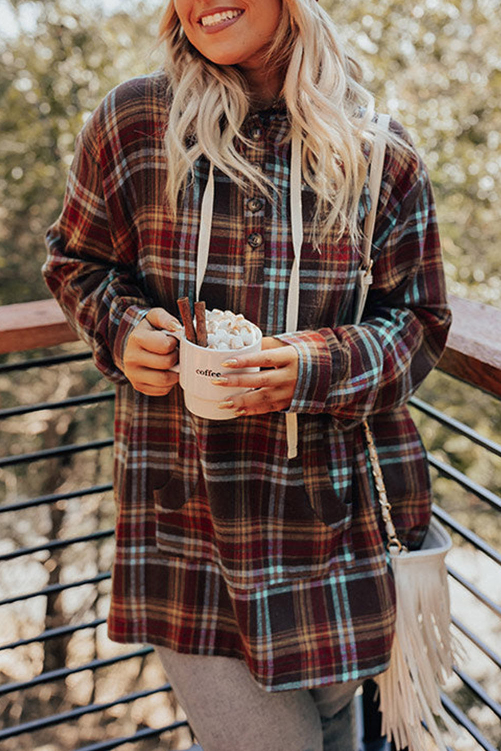 WW | Fiery Red Plus-Size Plaid Kangaroo Pocket Drawstring Hoodie