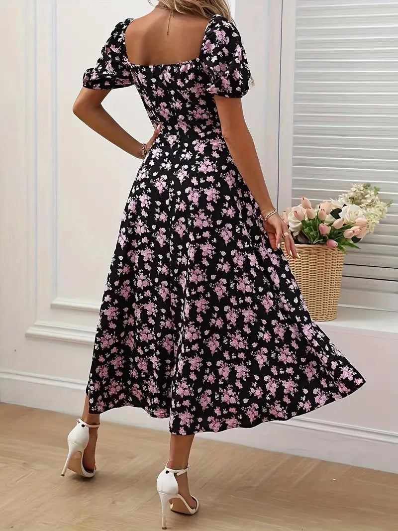 WW | Schickes Kleid mit Puffärmeln Im A-Linien-Stil mit Blumendruck