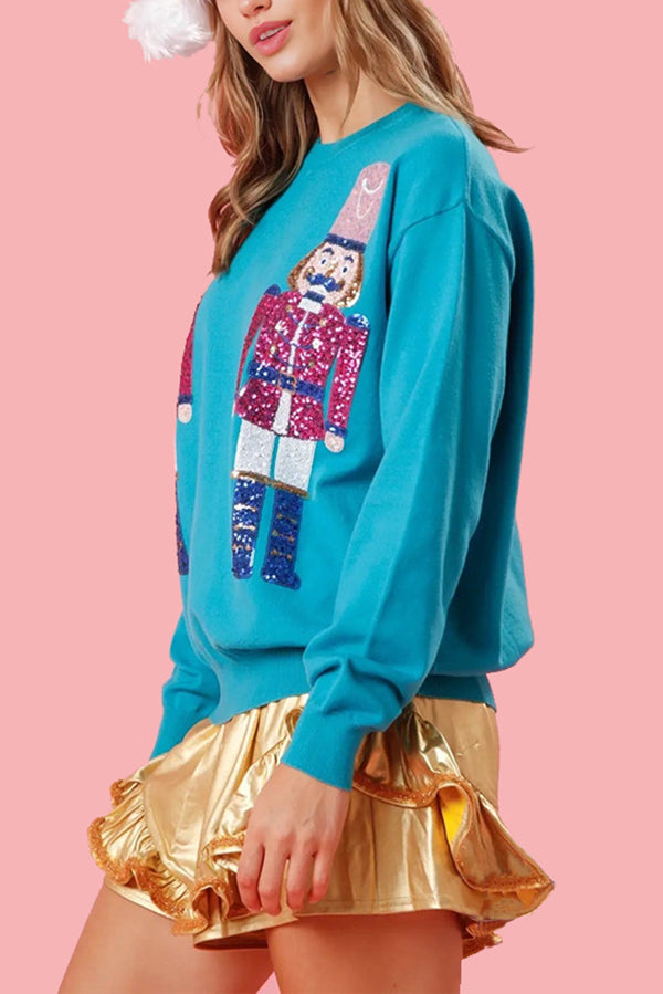 WW | Christmas Guardian Sequin Round Neck Casual Loose Sweatshirt