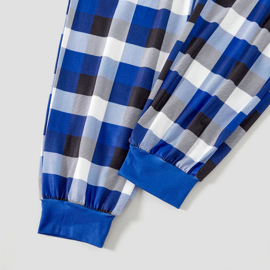 WW | Navy & White Check Christmas Pyjama Set with Christmas Lights and "2025 Family Christmas" Slogan Print