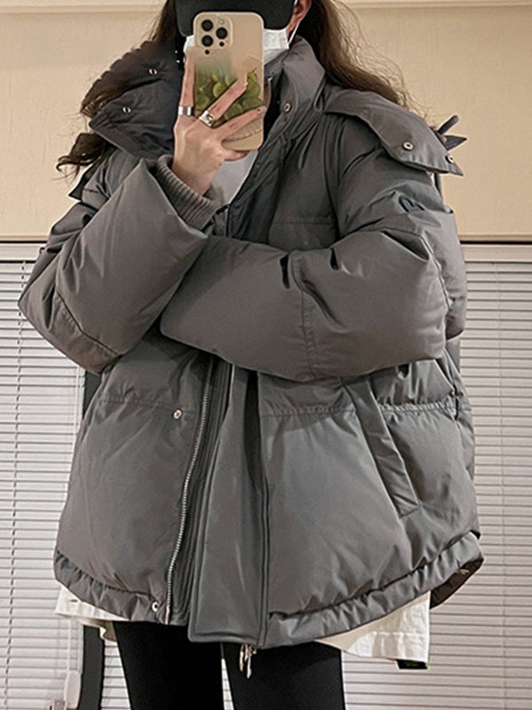 WW | Grey Solid Heart Embellished Hooded Puffer Jacket