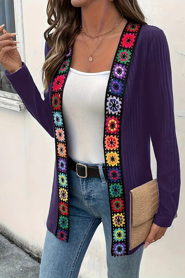 WW | Boho knit cardigan with floral trim and long sleeves