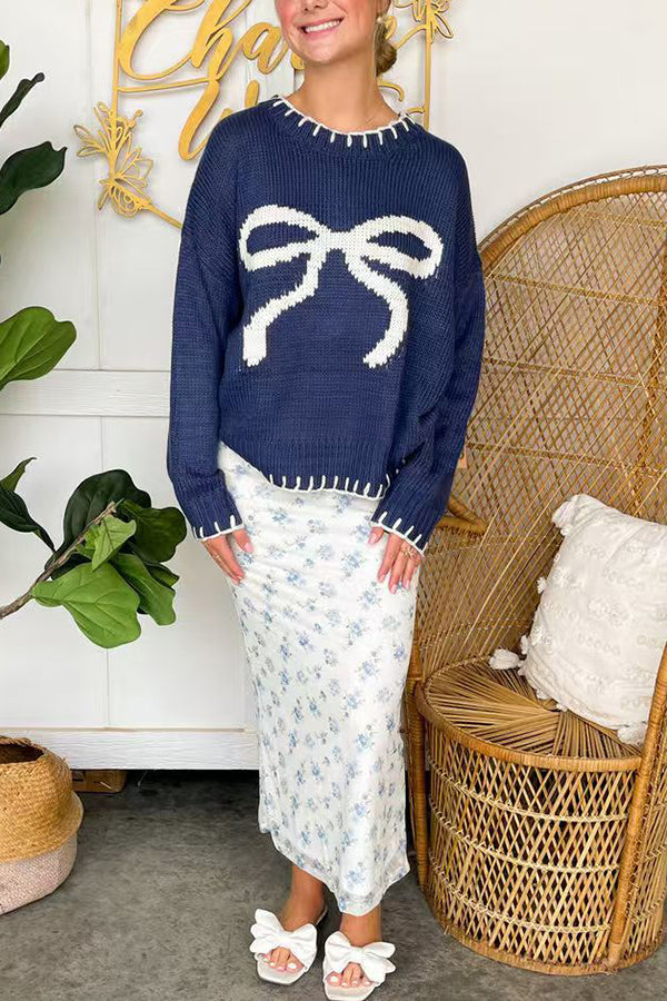 WW | Christmas Bow Contrast Color Inset Edge Long Sleeve Knitted Sweater