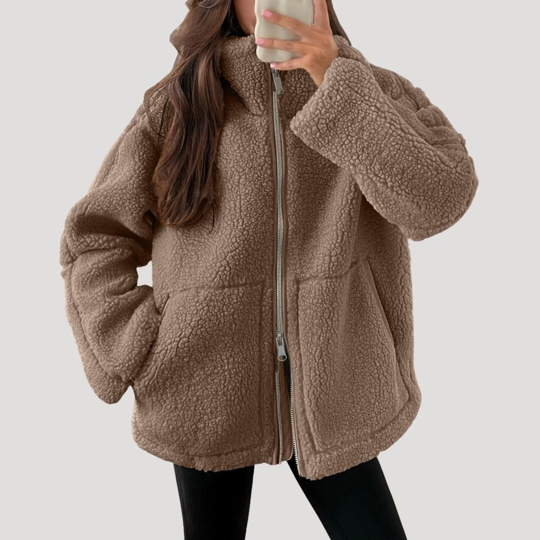 WW | Damen Fleece Teddy Zip-Up Flauschige Winterjacke