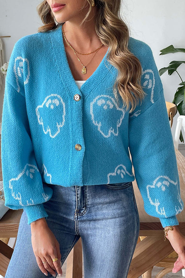 WW | Cozy Halloween ghost knit sweater with button placket