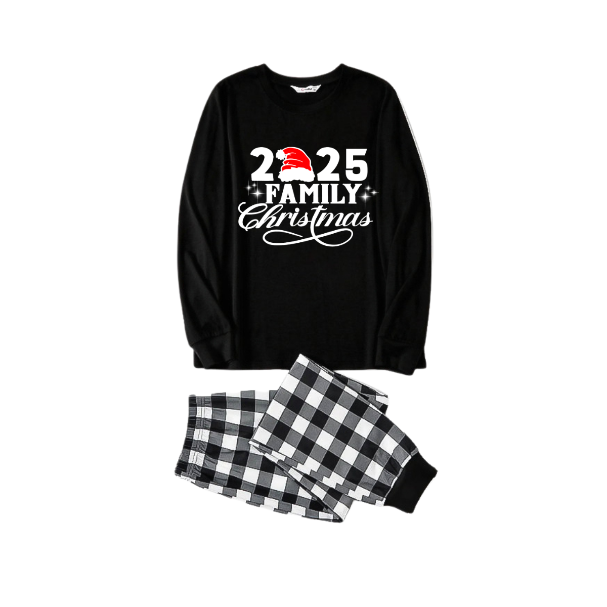 WW | "2025 Family Christmas" Letter Print Black Long-Sleeved T-Shirt with Black and White Plaid Pants Family Matching Pajamas