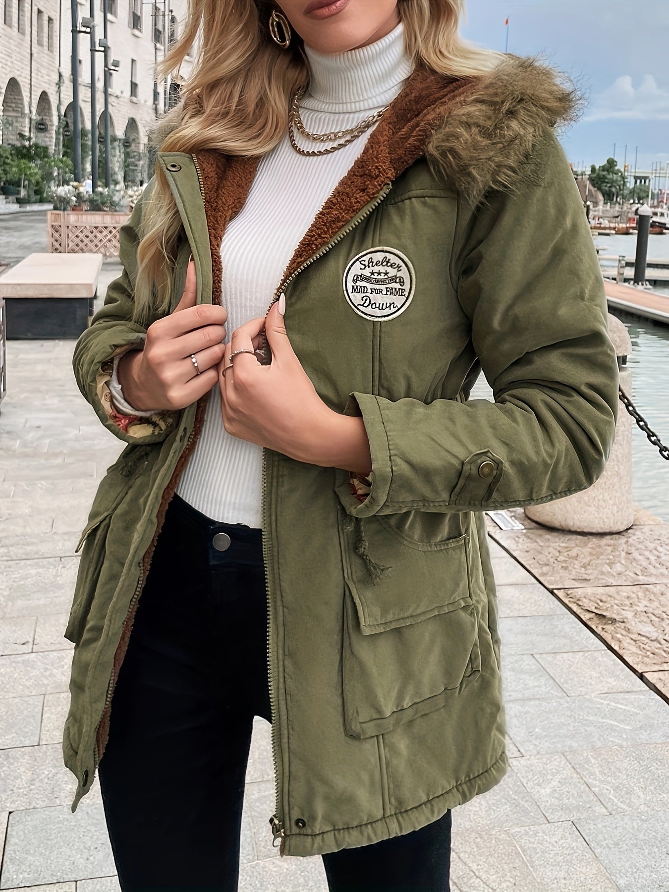 WW | Winter Jacket with Faux Fur Collar - Warm Parka Jacket with Drawstring and Pockets