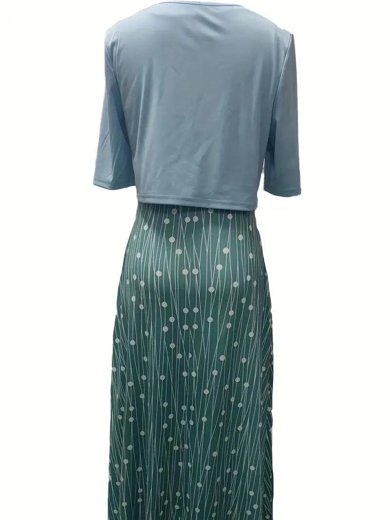 WW | Elegante Zweiteilige Blumenkleid-Set mit Einfarbigem Crop-Top und Rundhalskleid