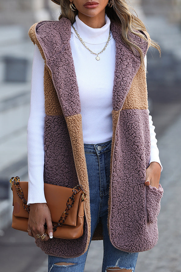 WW | Ärmelloser Colorblock-Taschenloser Mid-Length Cardigan Puff-Velours-Jacke