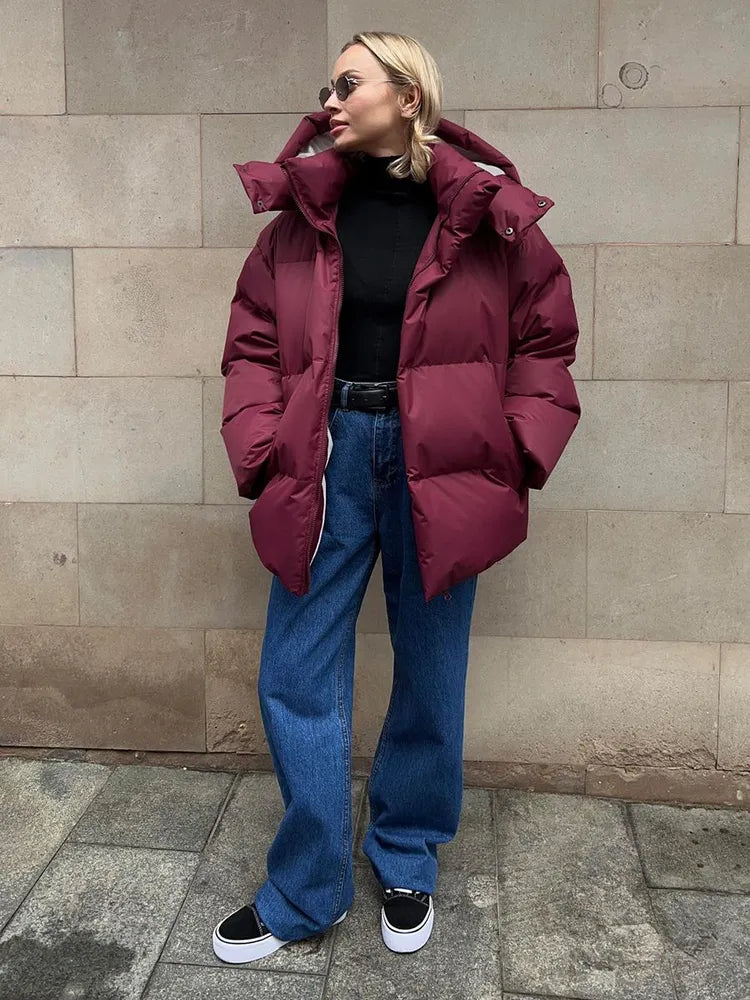 WW | Damen Pufferjacke - Stepp-Langjacke - Mit Kapuze Hoher Kragen - Warm Isoliert