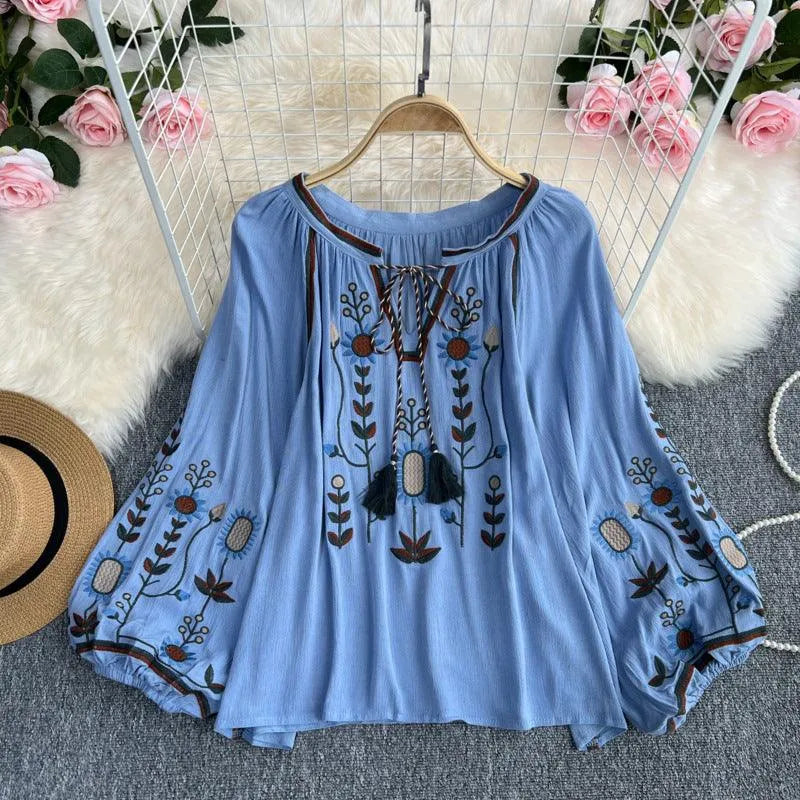 WW | Women's Round Neck Blouse with Embroidery