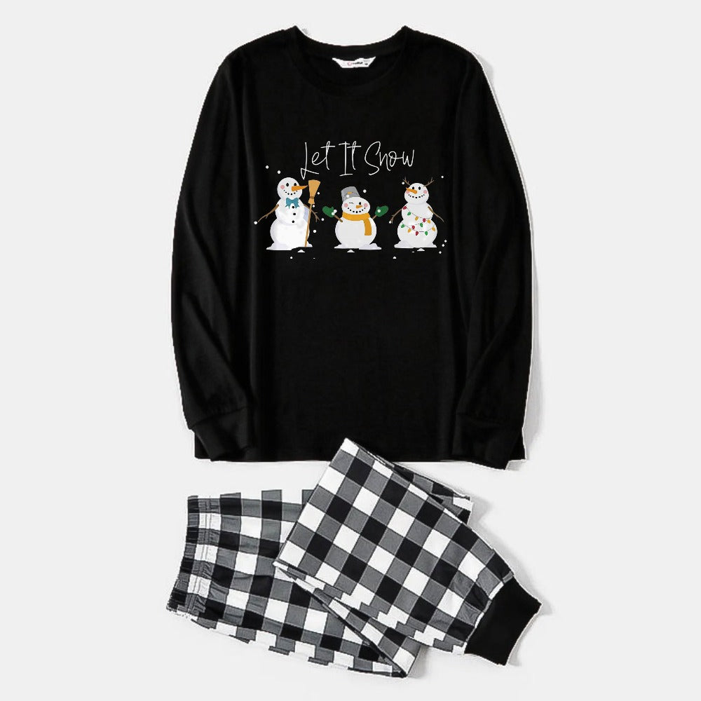 WW | Couple's Black and White Plaid Christmas Pajama Set with Snowman and "Let It Snow" Cartoon Print