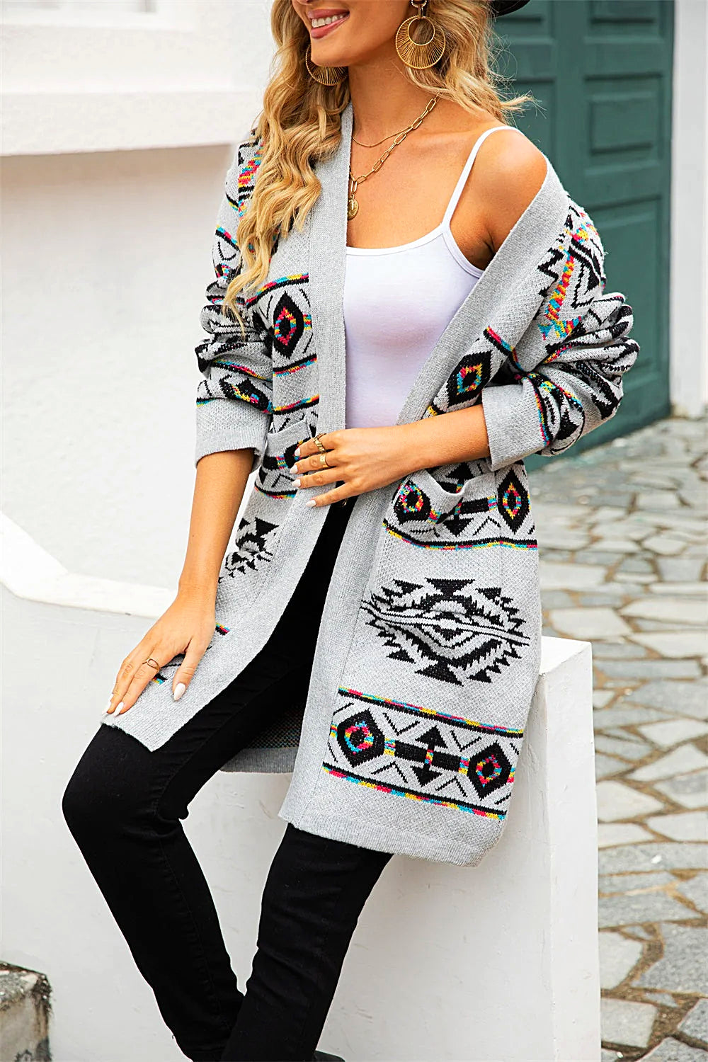 WW | Langer Ethno-Strick-Cardigan für Damen