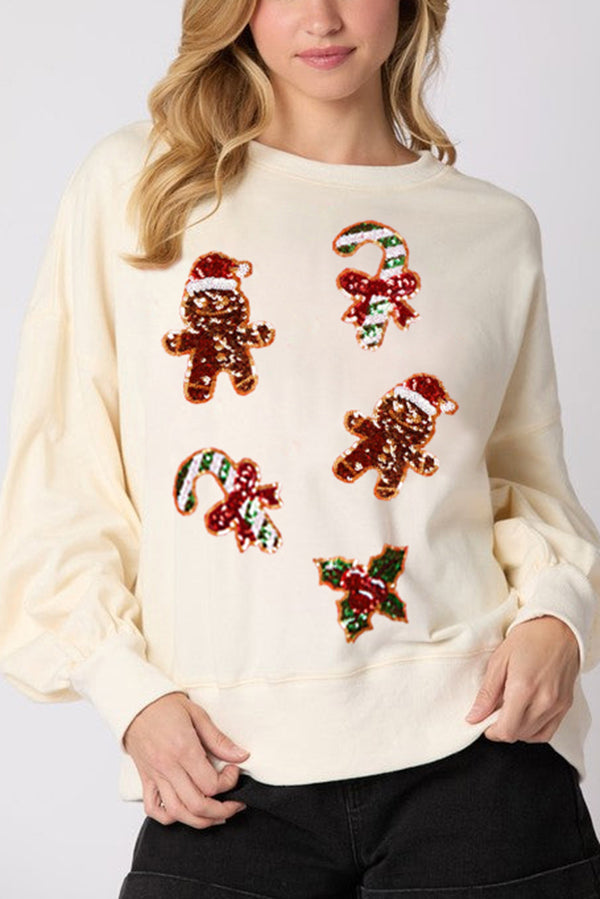 WW | Weihnachts Lebkuchenmann Paillette Lässig Langarm Sweatshirt