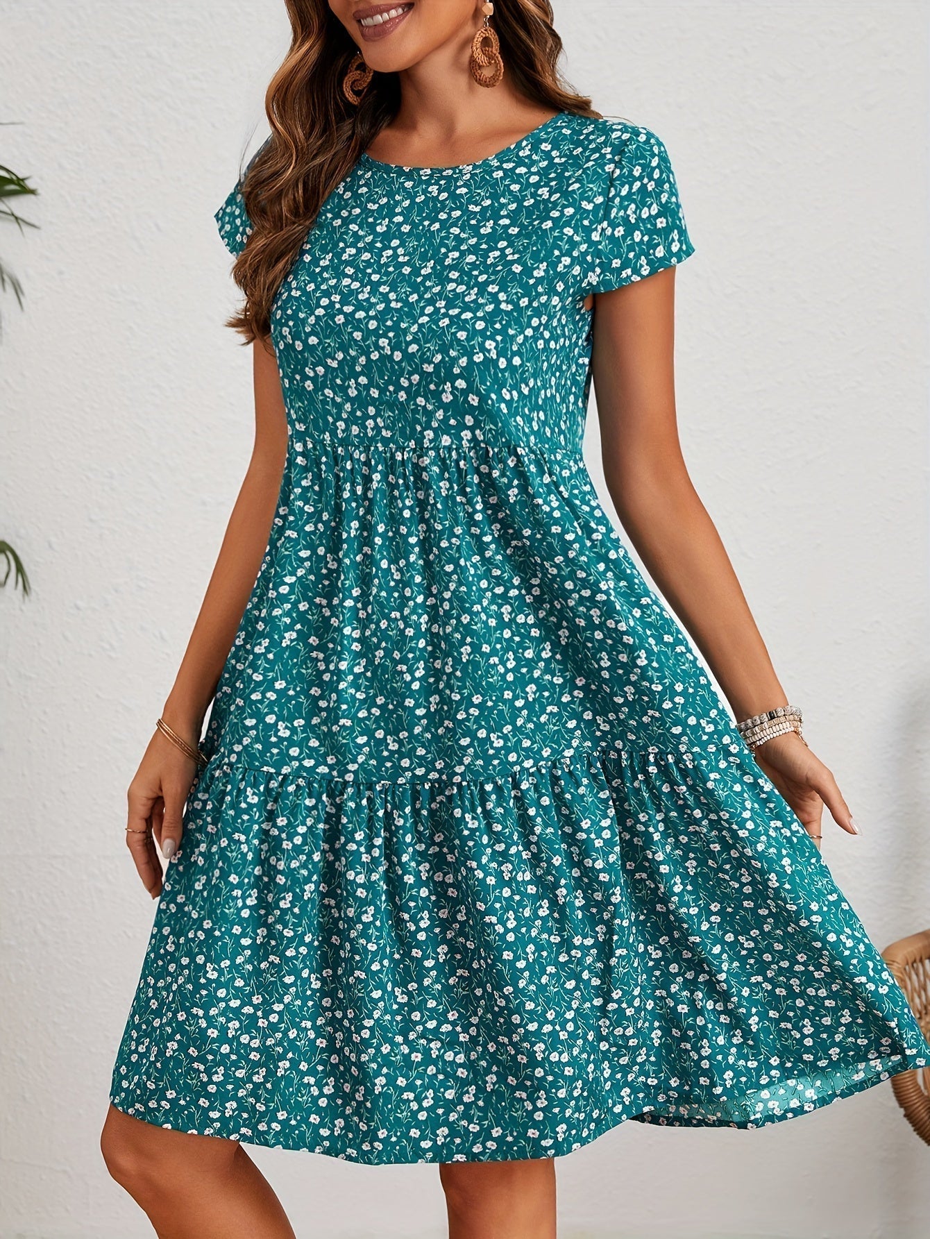 Callista - Floral Print Round Neck Dress