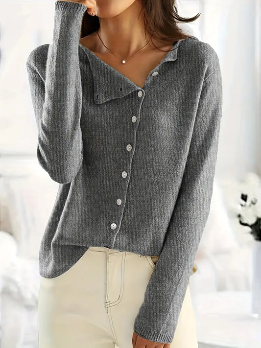 WW | Strickjacke Wollmischung Asymmetrischer Knopfverschluss Lockere Passform V-Ausschnitt