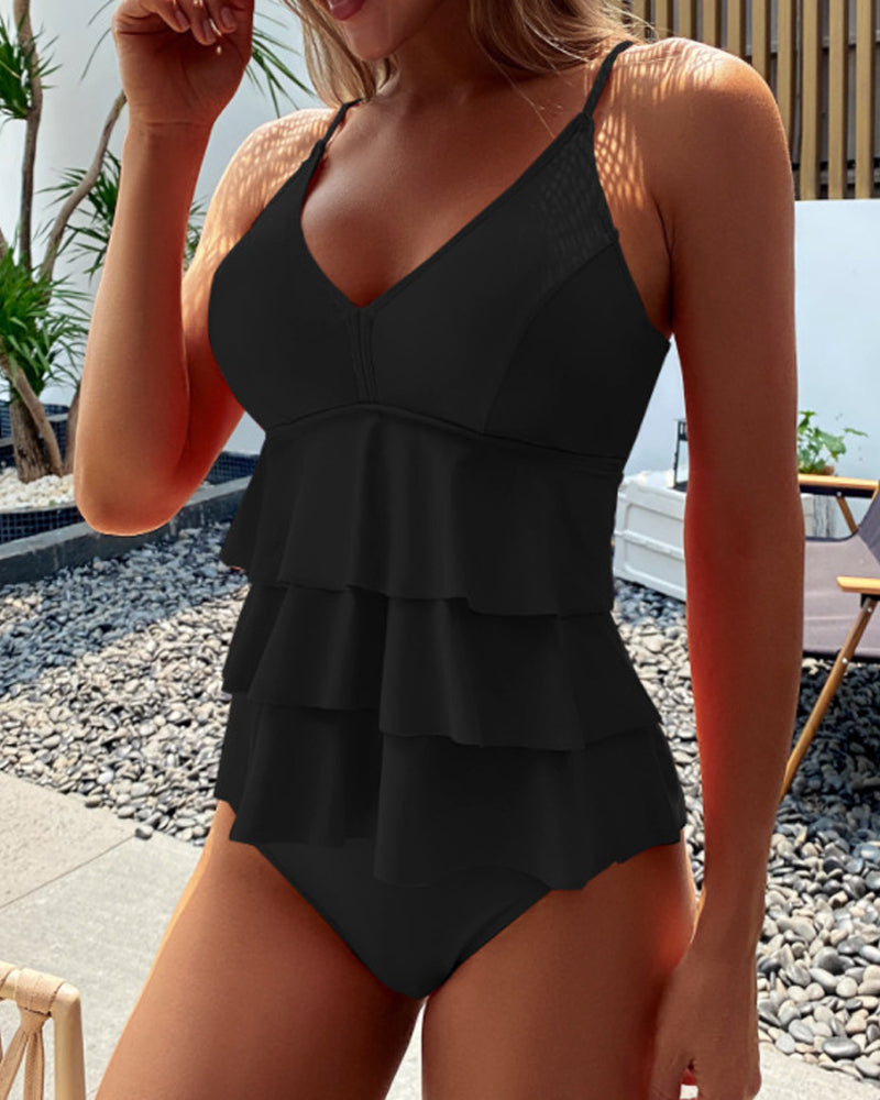 WW | Tankini Mit Gespaltenem Stil Und Rüschen in Einfarbiger Farbe