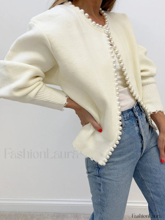 WW | Knit cardigan with pearl embellishments and frayed hem