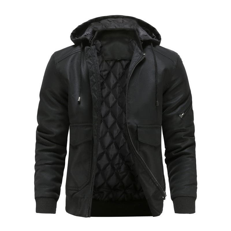 WW | Leder Look Jacke Kordelzug Kapuze Ge Quiltete Fütterung Reißverschlussverschluss Gerippter Saum