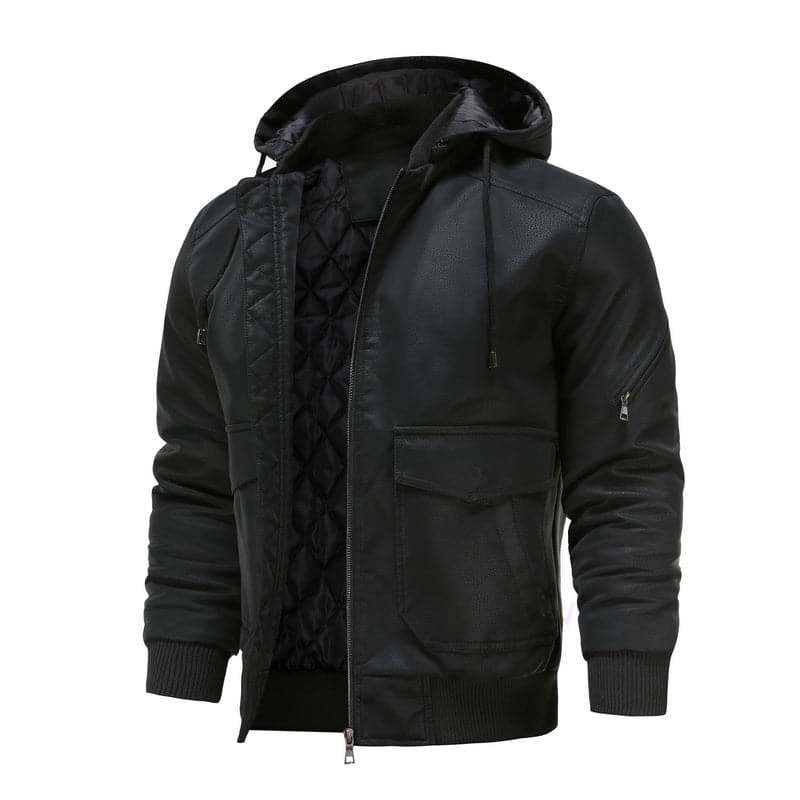 WW | Leder Look Jacke Kordelzug Kapuze Ge Quiltete Fütterung Reißverschlussverschluss Gerippter Saum