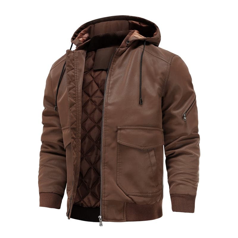 WW | Leder Look Jacke Kordelzug Kapuze Ge Quiltete Fütterung Reißverschlussverschluss Gerippter Saum