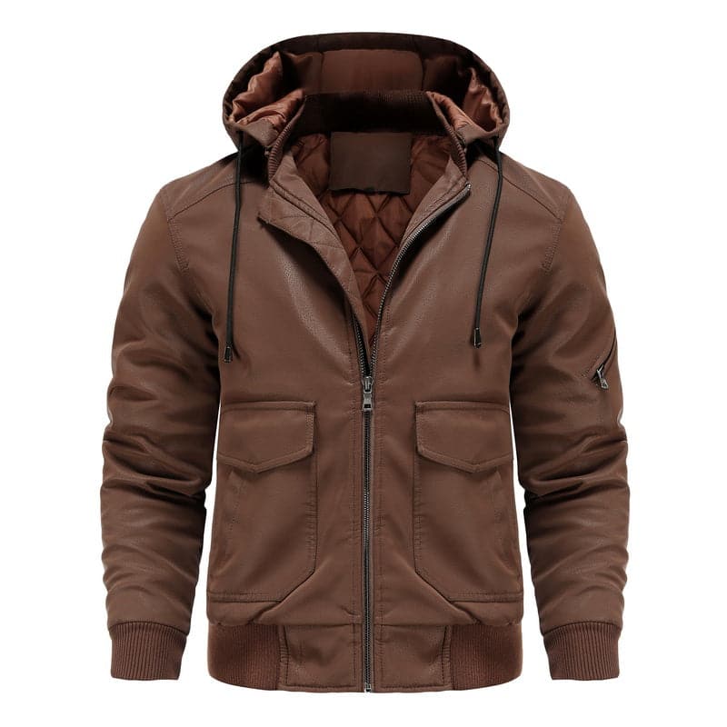 WW | Leder Look Jacke Kordelzug Kapuze Ge Quiltete Fütterung Reißverschlussverschluss Gerippter Saum
