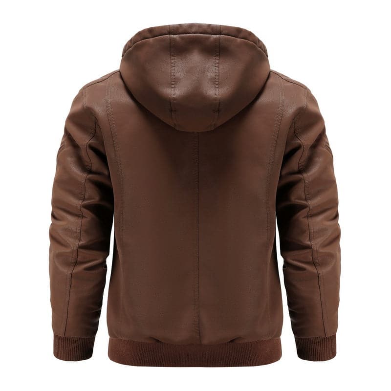 WW | Leder Look Jacke Kordelzug Kapuze Ge Quiltete Fütterung Reißverschlussverschluss Gerippter Saum