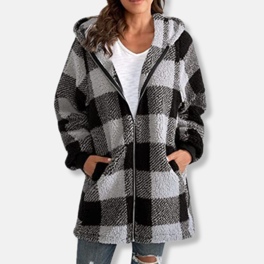 WW | Women's Hooded Jacket – Oversized Fit – Soft Knit – Plaid Pattern – Full Zip – Casual Layer