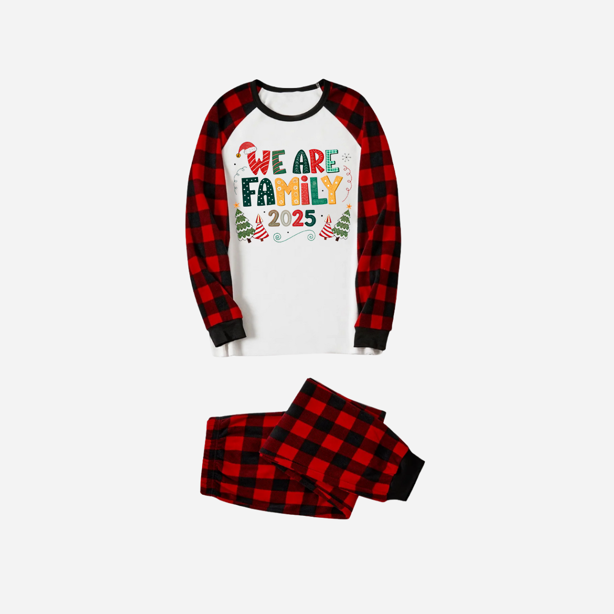WW | Rote und schwarze karierte Weihnachts-Pyjama-Set mit "Wir sind Familie" buntem Textdruck