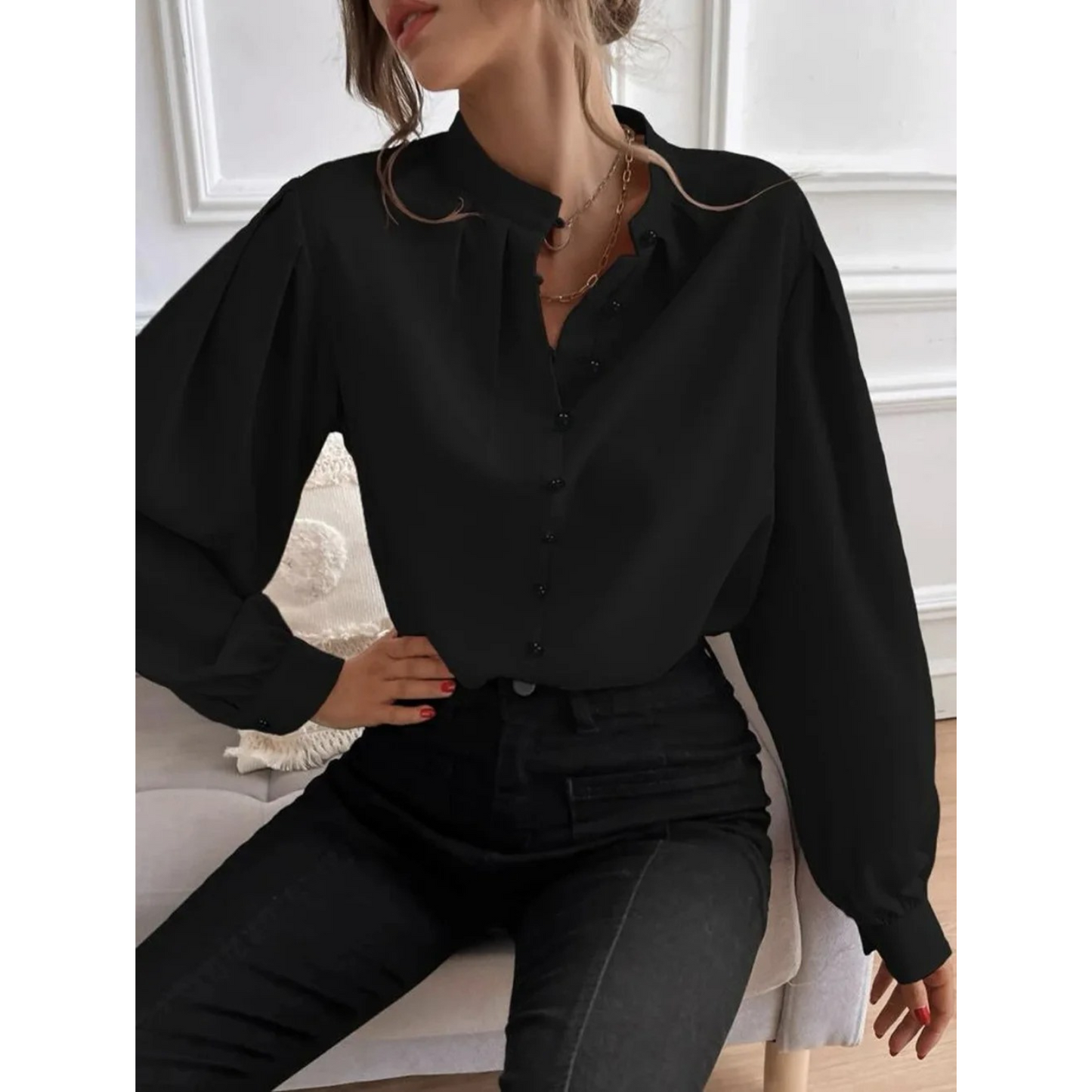WW | White Elegant Women's Blouse with Floral Pattern and Collar