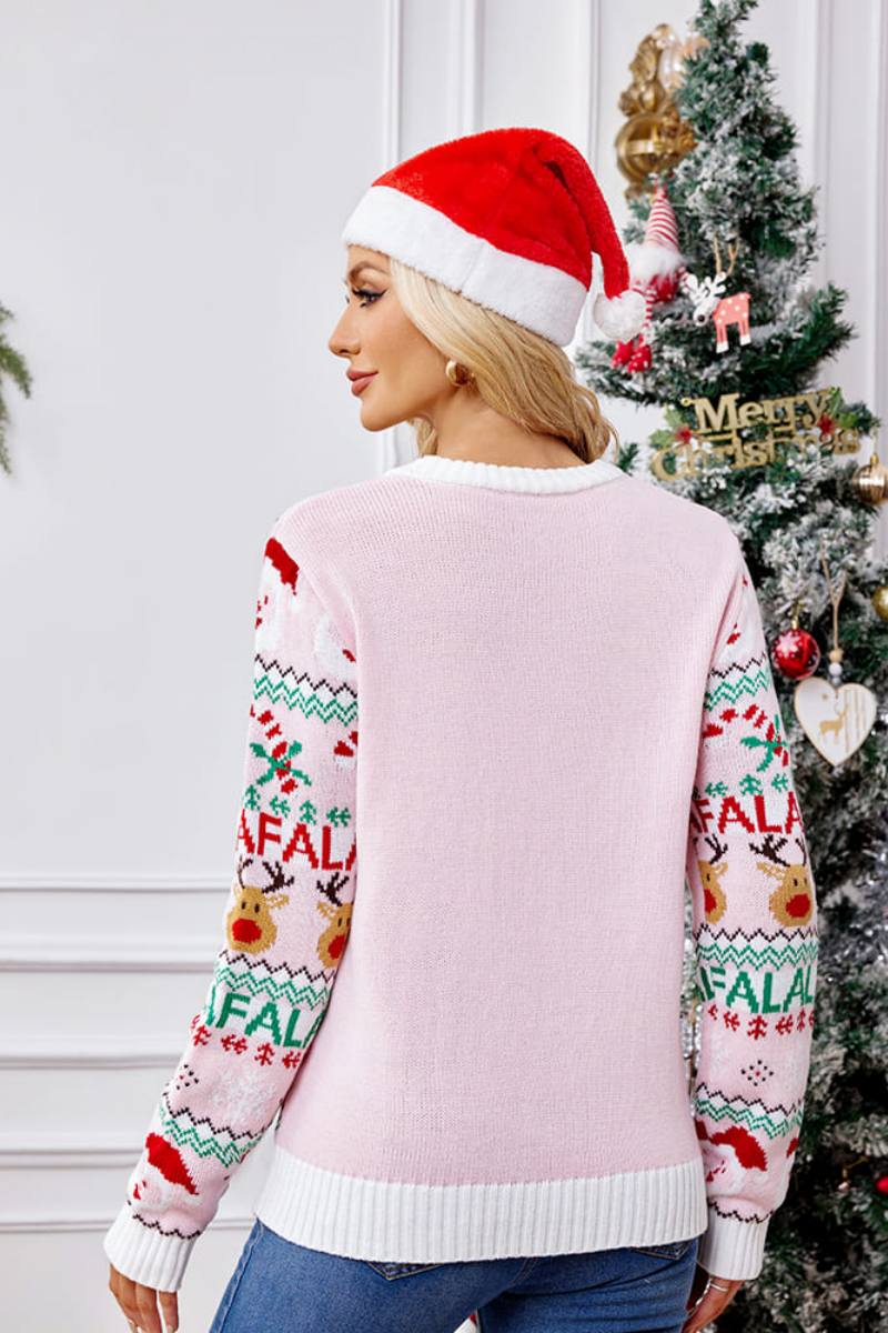 WW | Locker Sitzende Rundhals Weihnachts Cartoon Strickpullover - Pink