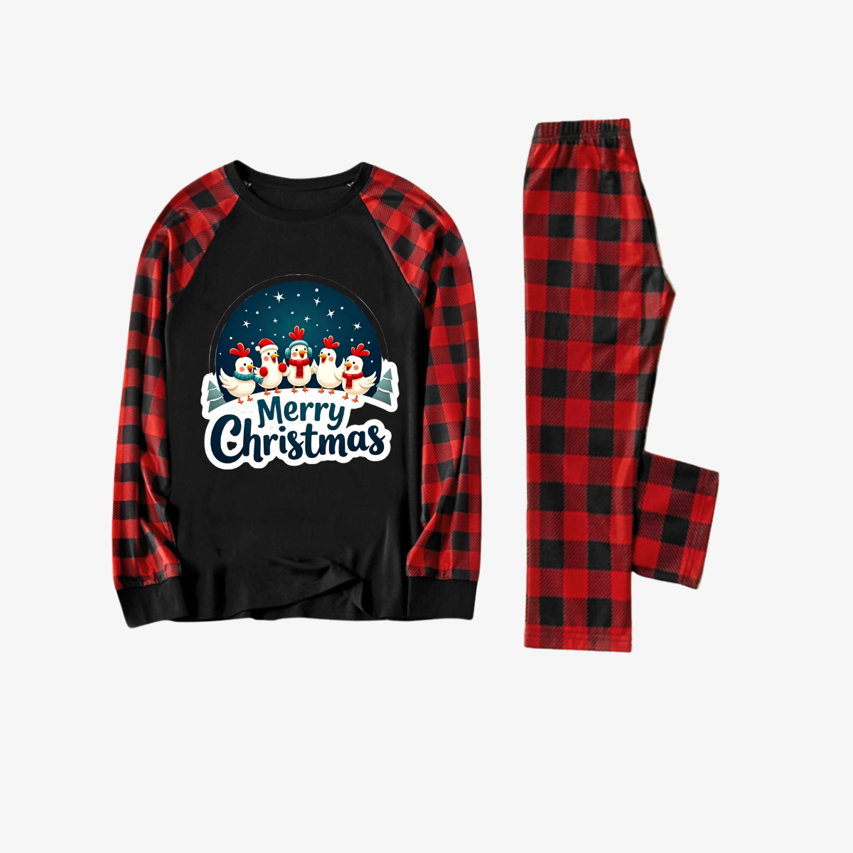 WW | Red & Black Plaid Happy Chickens "Merry Christmas" Text Print Christmas Pajama Set