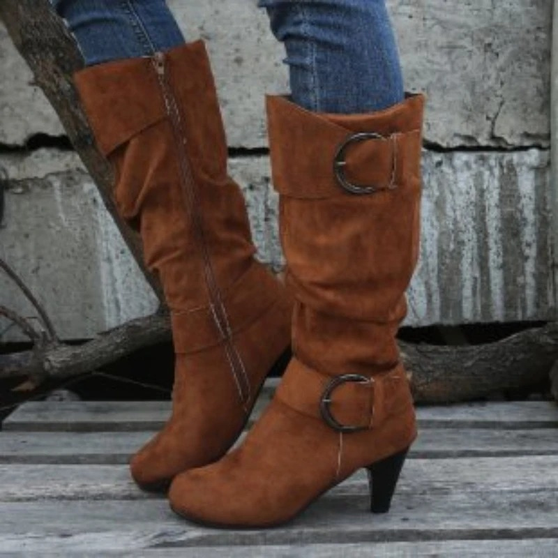 WW | Women's Knee-High Boots with Zipper and Buckle - Stylish Tall Boots