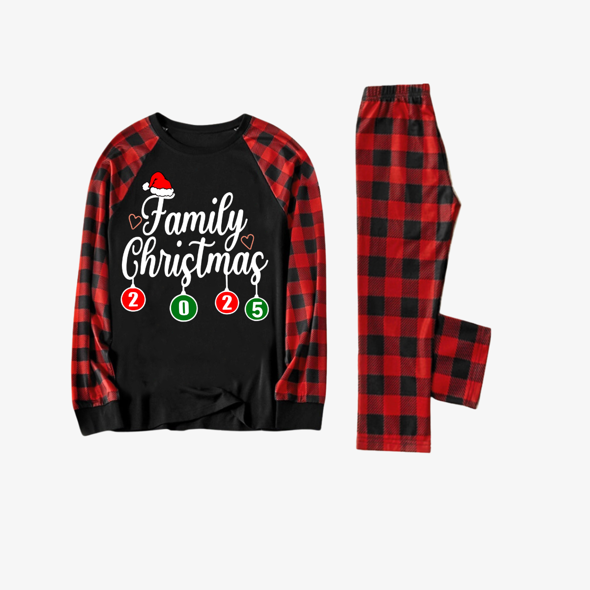 WW | "Family Christmas" 2025 Letter Print Black & Red Plaid Family Matching Black Pajamas
